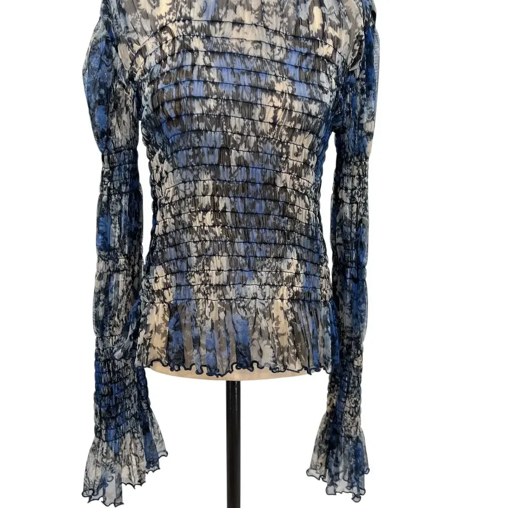 Free People Hello There Top‎ Blouse Smocked Flare Sleeve Mesh Floral Blue Large